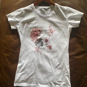 White T-Shirt with Skull and Floral Design